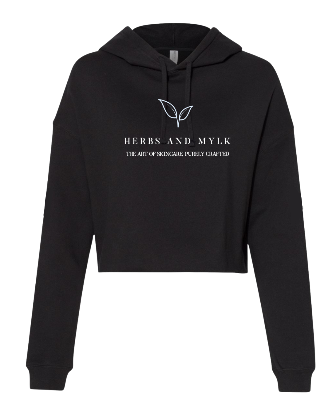 Herbs and Mylk Signature Crop Hoodie – Black (Full Logo & Leaf)