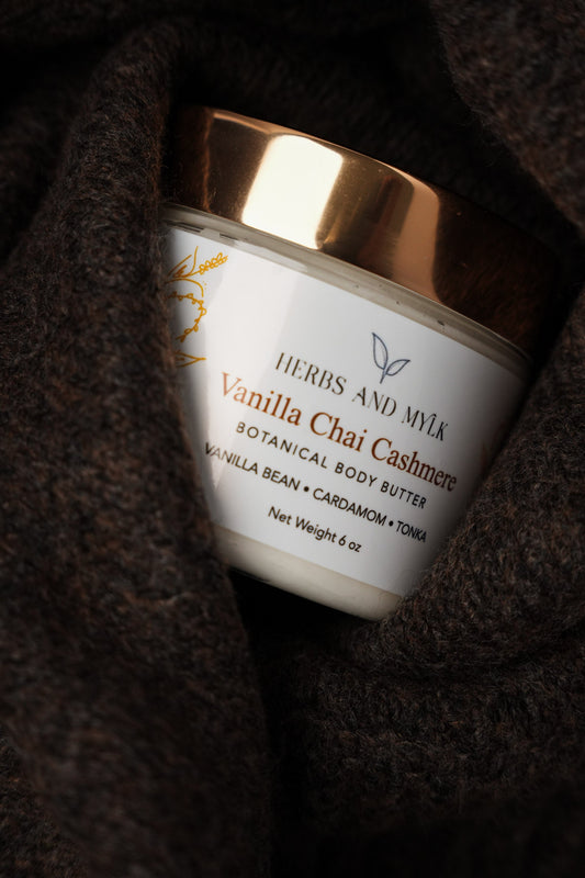 Vanilla Chai Cashmere body butter texture close-up, whipped botanical body cream