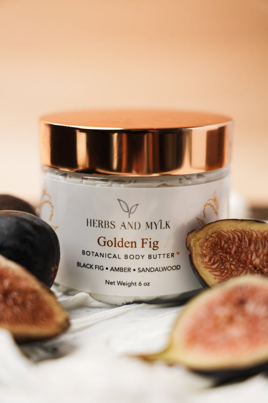 Golden Fig botanical body butter jar with black fig and amber