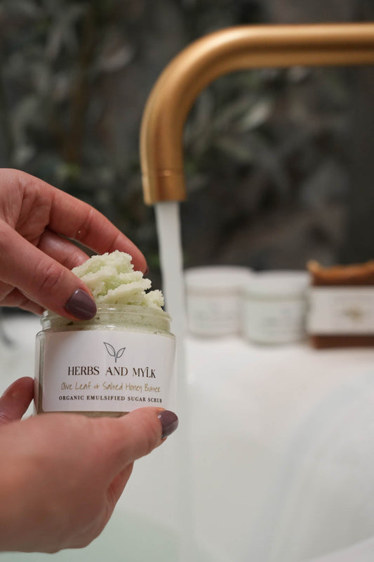 Olive Leaf Salted Honey Butter organic sugar scrub jar