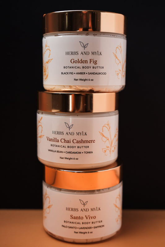 The Gilded Butter Bundle with Vanilla Chai Cashmere, Golden Fig, and Almond Macaroon body butters