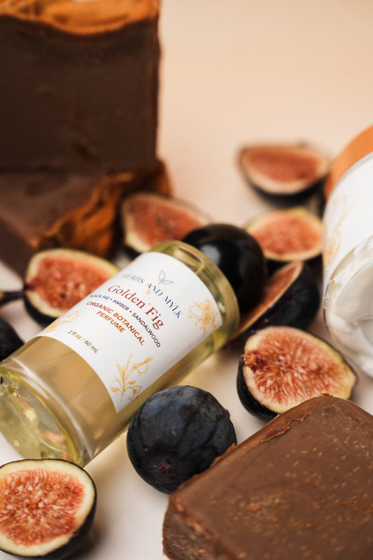 Golden Fig organic botanical perfume bottle with black fig, amber and sandalwood