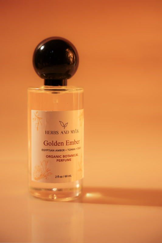 Golden Ember organic botanical perfume bottle with Egyptian amber, tonka and oud