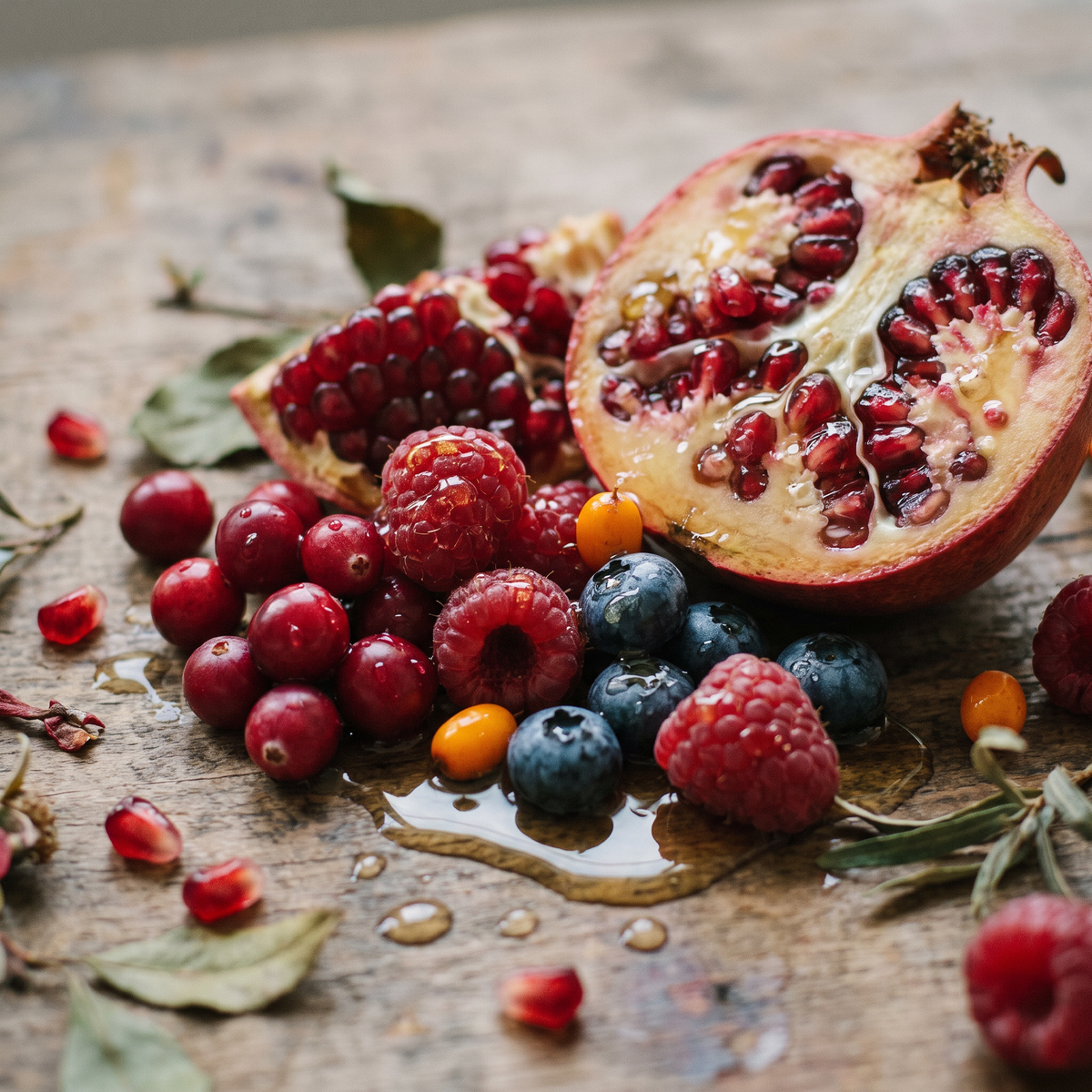 Wild Berry Botanical Face Serum ingredients: pomegranate, raspberries, cranberries, blueberries and sea buckthorn berries in golden face oil