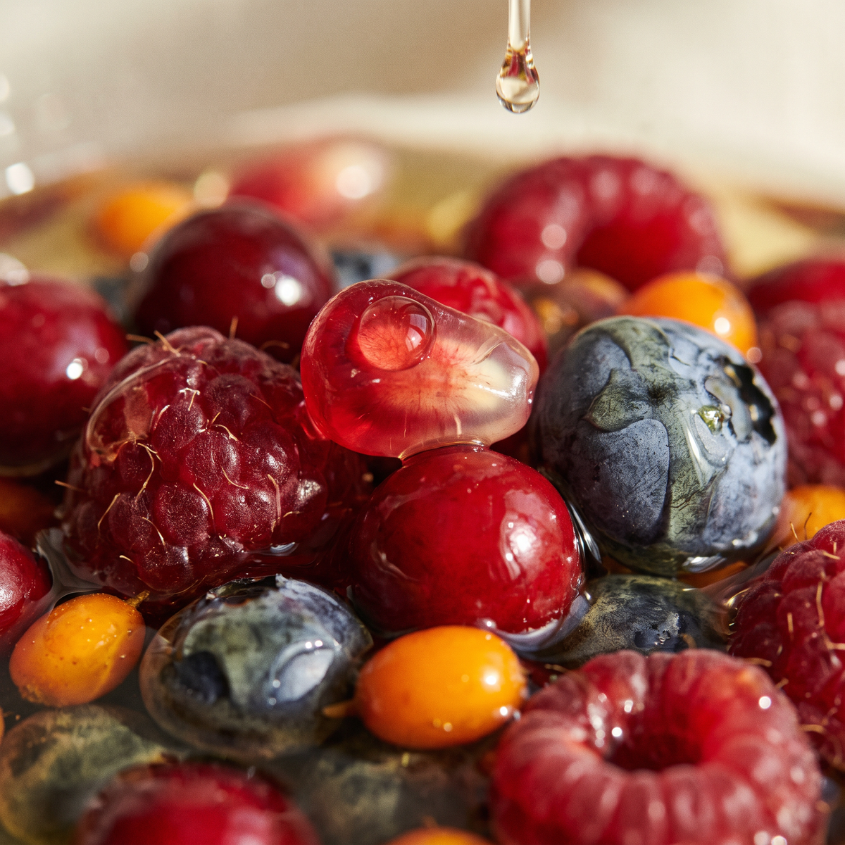 Golden botanical face oil dripping onto raspberries, blueberries, cranberries, pomegranate seeds and sea buckthorn