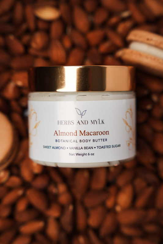 Almond Macaroon botanical body butter jar with vanilla bean