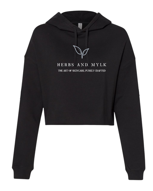 Herbs and Mylk Signature Crop Hoodie – Black (Full Logo & Leaf)
